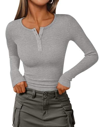 IEEILULU Langarm-Strick-Oberteile Damen gerippt Henley Shirts V Hals Button Down Blusen Damen Casual Slim Fit Basic Tunika Grau S von IEEILULU