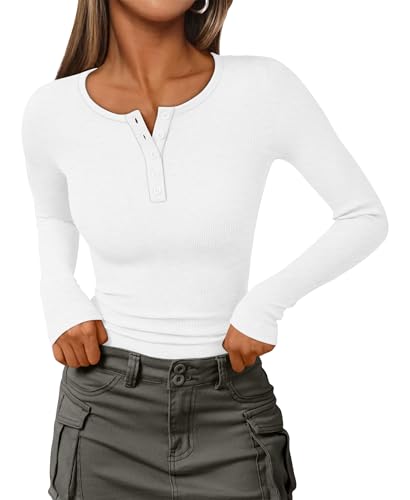 IEEILULU Langarm-Strick-Oberteile Damen gerippt Henley Shirts V Hals Button Down Blusen Damen Casual Slim Fit Basic Tunika Weiß XL von IEEILULU