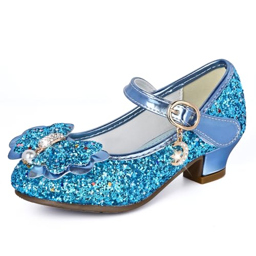 IEEILULU Prinzessin Schuhe Mädchen, Glitzer Schuhe Mädchen, Kristall Schuhe Mädchen mit Klettverschluss, Pailletten Schuhe mit Krawatte für Karneval, Hochzeit, Maskerade (Blau-30) von IEEILULU