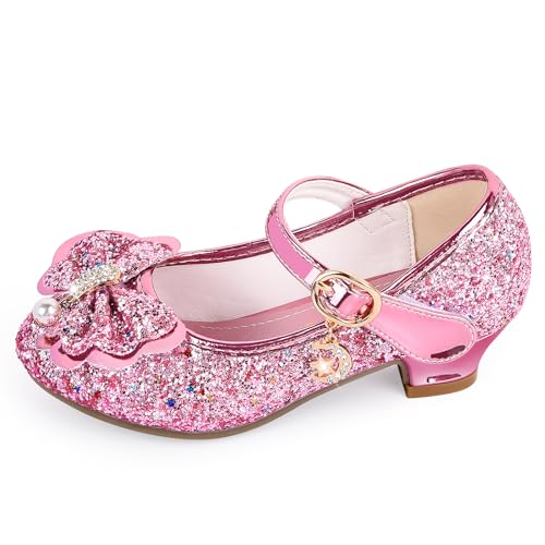 IEEILULU Prinzessin Schuhe Mädchen, Glitzer Schuhe Mädchen, Kristall Schuhe Mädchen mit Klettverschluss, Pailletten Schuhe mit Krawatte für Karneval, Hochzeit, Maskerade (Rosa-27) von IEEILULU