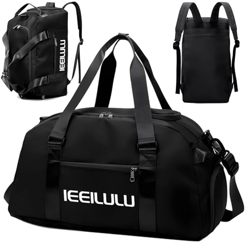 IEEILULU Sporttasche Reisetasche für Damen und Herren, 45L Sporttasche Groß mit Schuhfach, Nassfach und Rucksackfunktion, Wasserdicht Reisetasche Gym Bag Trainingstasche (Schwarz) von IEEILULU