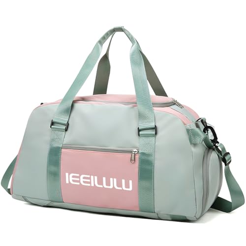 IEEILULU Sporttasche Reisetasche für Damen und Herren, 45L Sporttasche Groß mit Schuhfach, Nassfach und Rucksackfunktion, Wasserdicht Reisetasche Gym Bag Trainingstasche (Grün Rosa) von IEEILULU