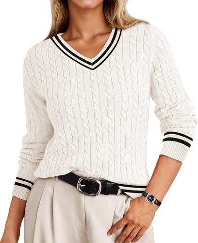 IEEILULU Strickpullover Damen, Pullover mit V-Ausschnitt Herbst Winter Pullover Damen (DE/NL/SE/PL, Alphanumerisch, L, Regular, Regular, Weiß mit Schwarz) von IEEILULU