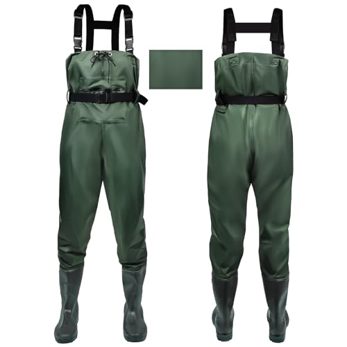 IEEILULU Wathose Herren Damen, Wathose Anglerhose mit Stiefel, Wathose mit Brusttasche und Verstellbarer Riemen, Nylon Wader Watstiefel Anglerhose wasserdichte rutschfest Matschhose (Grün, 40) von IEEILULU