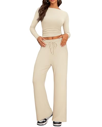 IEEILULU Zweiteiler Lounge Set Damen, Cozy Jogginganzug Damen Langarm Rundhalsausschnitt Seitliche Rüschen Oberteile und Weites Hose Elegant Freizeitanzug (Aprikose, XL) von IEEILULU