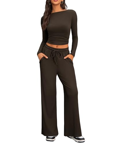 IEEILULU Zweiteiler Lounge Set Damen, Cozy Jogginganzug Damen Langarm Rundhalsausschnitt Seitliche Rüschen Oberteile und Weites Hose Elegant Freizeitanzug (Braun, S) von IEEILULU