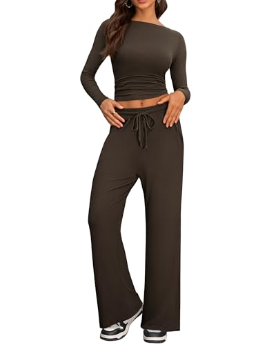 IEEILULU Zweiteiler Lounge Set Damen, Cozy Jogginganzug Damen Langarm Rundhalsausschnitt Seitliche Rüschen Oberteile und Weites Hose Elegant Freizeitanzug (Braun, XL) von IEEILULU