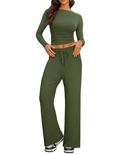 IEEILULU Zweiteiler Lounge Set Damen, Cozy Jogginganzug Damen Langarm Rundhalsausschnitt Seitliche Rüschen Oberteile und Weites Hose Elegant Freizeitanzug (Grün, S) von IEEILULU