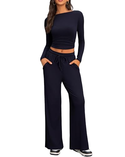 IEEILULU Zweiteiler Lounge Set Damen, Cozy Jogginganzug Damen Langarm Rundhalsausschnitt Seitliche Rüschen Oberteile und Weites Hose Elegant Freizeitanzug (Marineblau, M) von IEEILULU