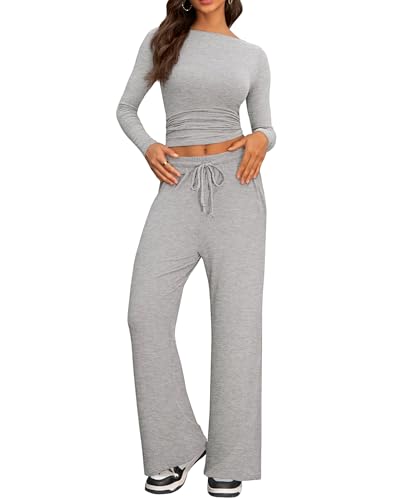 IEEILULU Zweiteiler Lounge Set Damen, Cozy Jogginganzug Damen Langarm Rundhalsausschnitt Seitliche Rüschen Oberteile und Weites Hose Elegant Freizeitanzug (Marineblau, S) von IEEILULU