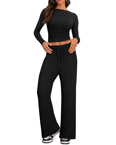 IEEILULU Zweiteiler Lounge Set Damen, Cozy Jogginganzug Damen Langarm Rundhalsausschnitt Seitliche Rüschen Oberteile und Weites Hose Elegant Freizeitanzug (Schwarz, S) von IEEILULU