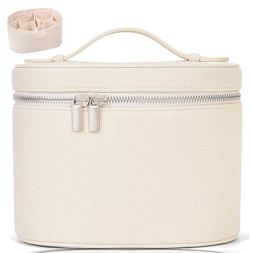 IEMIEBOAMGNOY Make-up-Tasche aus Leder mit Fächern, braune Reise-Kosmetiktasche für Damen, parallele Make-up-Reisetaschen, Organizer ausgestattet mit einer abnehmbaren Trennwand, Beige von IEMIEBOAMGNOY