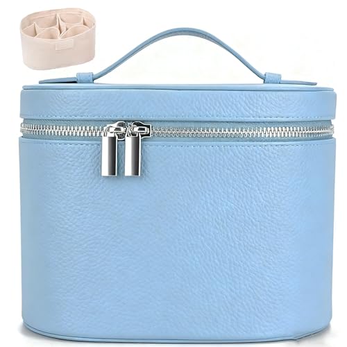 IEMIEBOAMGNOY Make-up-Tasche aus Leder mit Fächern, braune Reise-Kosmetiktasche für Damen, parallele Make-up-Reisetaschen, Organizer ausgestattet mit einer abnehmbaren Trennwand, Blau, Make-up-Taschen von IEMIEBOAMGNOY