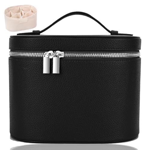 IEMIEBOAMGNOY Make-up-Tasche aus Leder mit Fächern, braune Reise-Kosmetiktasche für Damen, parallele Make-up-Reisetaschen, Organizer ausgestattet mit einer abnehmbaren Trennwand, Schwarz von IEMIEBOAMGNOY