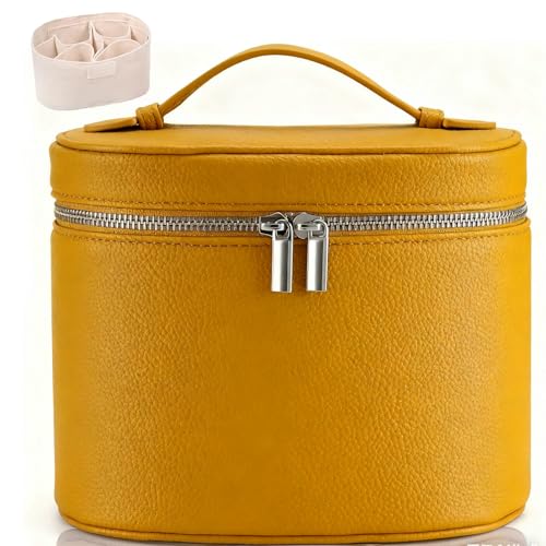 IEMIEBOAMGNOY Make-up-Tasche aus Leder mit Fächern, braune Reise-Kosmetiktasche für Damen, parallele Make-up-Reisetaschen, Organizer ausgestattet mit einer abnehmbaren Trennwand, gelb, Make-up-Taschen von IEMIEBOAMGNOY