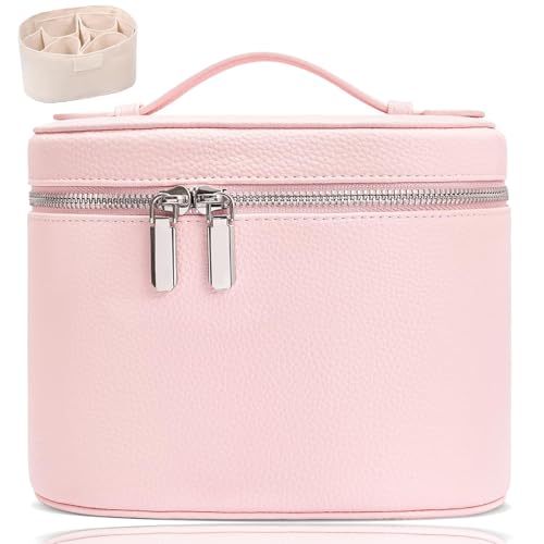 IEMIEBOAMGNOY Make-up-Taschen aus Leder mit Fächern, braune Reise-Kosmetiktasche für Damen, parallele Make-up-Reisetaschen, Organizer ausgestattet mit einer abnehmbaren Trennwand (Rosa) von IEMIEBOAMGNOY