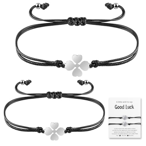 IETWATE 2 Stück Glücksbringer Kleeblatt Armband Silber, Größenverstellbar Glücksarmband Damen, Handgefertigte Freundschaftsarmbänder Damen, Edelstahl Armband Kleeblatt für Mädchen von IETWATE