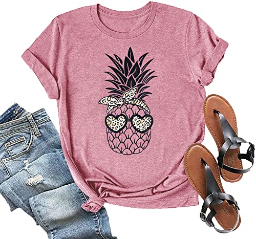 Ananas-T-Shirt für Damen, Leopardenmuster, Sonnenbrille, Schal, Grafik-T-Shirt, Oberteil, Bluse, rose, X-Groß von IEUGOH