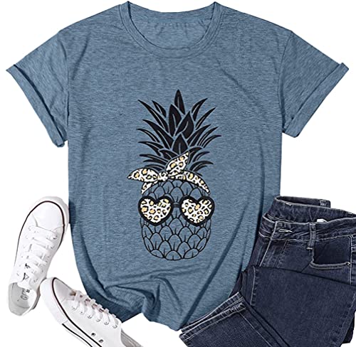 Damen Ananas-T-Shirt, lustige Leoparden-Sonnenbrille, bedruckte Grafik, Sommer, lässig, kurzärmelig, T-Shirt, Blau, XX-Large von IEUGOH