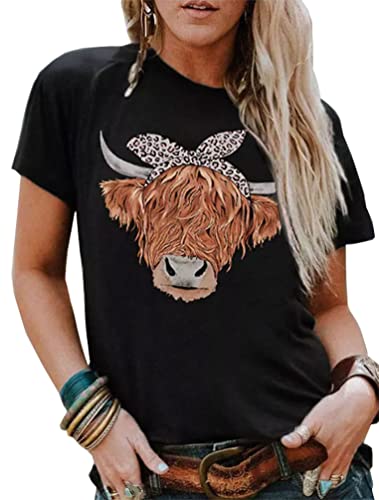 Damen-T-Shirt mit Kuh-Leopardenmuster, lustiges Rinder-Cowgirl-Tier-Grafik, Bauernhof-Leben-T-Shirt, lässig, kurzärmelig, schwarz, Groß von IEUGOH