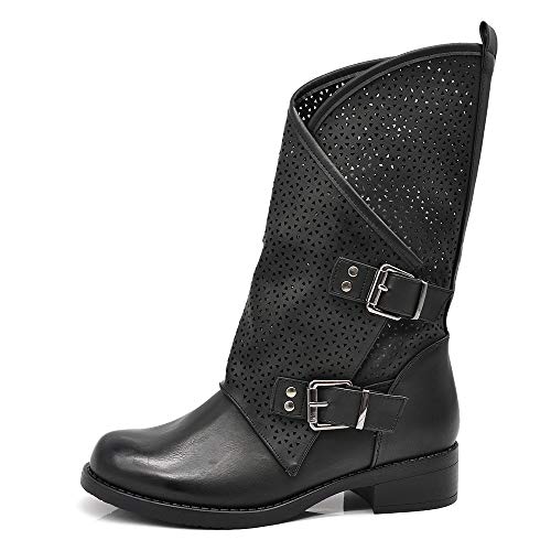 IF Fashion Damen Stiefel Stiefel Biker Schnallen Springerstiefel 337, Schwarz - 628 Traforato Nero - Größe: 38 EU von IF