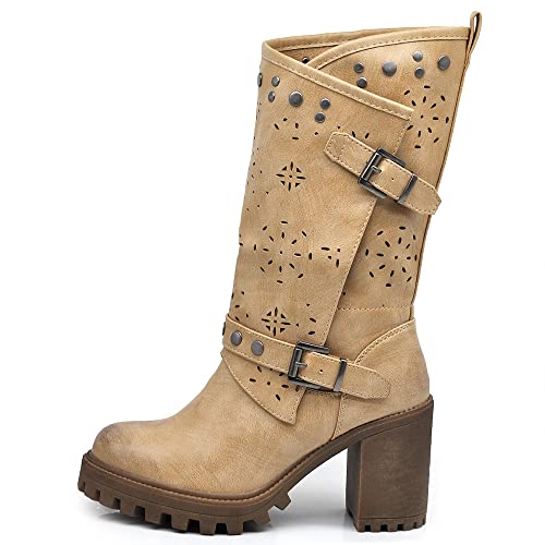 IF Fashion Damen-Stiefeletten mit großem Absatz Plateau Nieten aus Kunstleder G669, 669 Beige, 39 EU von IF