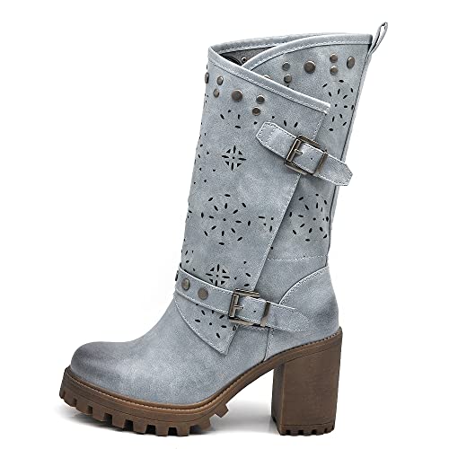 IF Fashion Damen-Stiefeletten mit großem Absatz Plateau Nieten aus Kunstleder G669, 669 Blau Jeans, 39 EU von IF