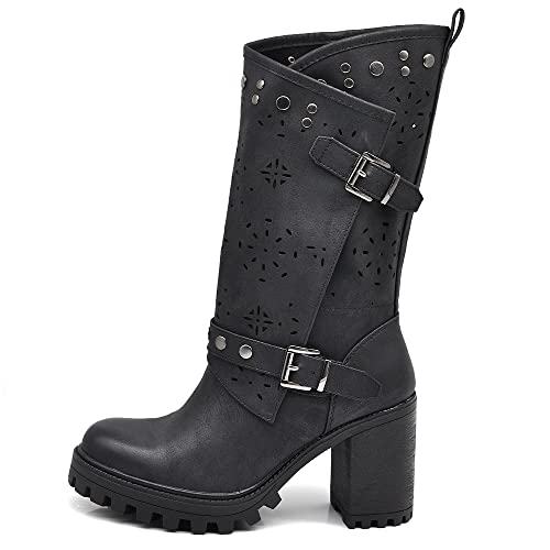 IF Fashion Damen-Stiefeletten mit großem Absatz Plateau Nieten aus Kunstleder G669, 669 Schwarz, 39 EU von IF