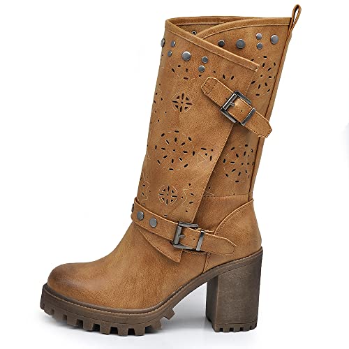 IF Fashion Damen-Stiefeletten mit großem Absatz Plateau Nieten aus Kunstleder G669, 669 camel, 38 EU von IF