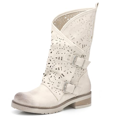 IF Fashion Damenschuhe Stiefel Stiefel Biker Schnallen Amphibien 337, 688 66 beige, 37 EU von IF