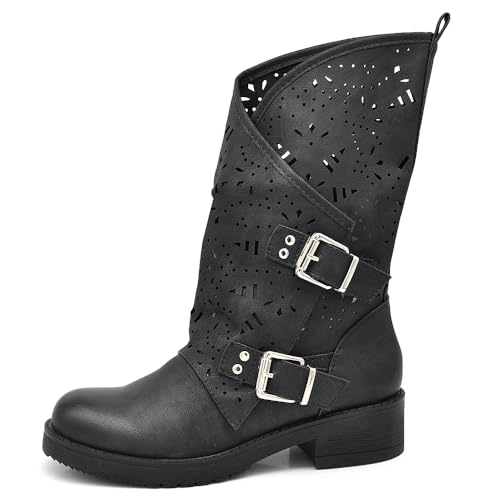 IF Fashion Damenschuhe Stiefel Stiefel Biker Schnallen Amphibien 337, 688 66 schwarz, 37 EU von IF