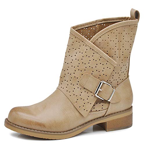 IF Fashion Damenschuhe Stiefel Stiefeletten Knöchel Biker Schnallen Amphibien 630, 630 Beige, 36 EU von IF