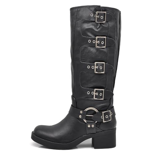 IF Fashion Schuhe Damen Stiefel Wade Biker Motorradfahrer Mit Multi Schnallen Amphibien RQ63 schwarz, 660 3 Schwarz, 40 EU von IF