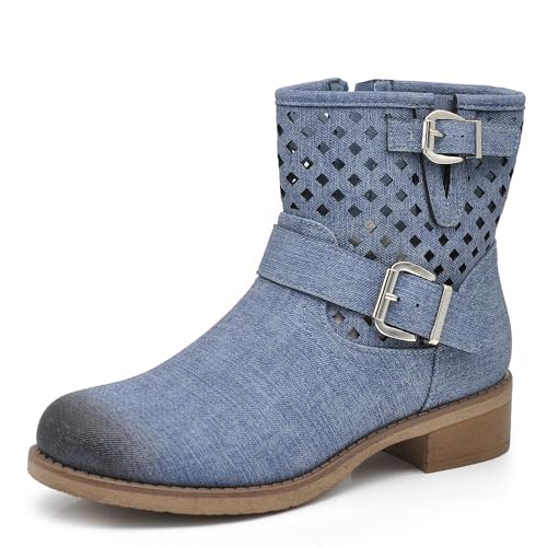 IF Fashion Stiefel Biker Motorradstiefel Damen perforiert mit Schnallen Frühling Sommer Kunstleder Jeans Optik GR-6656, 6656 Blau, 38 EU von IF