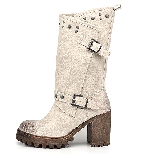 IF Fashion Stiefeletten für Damen mit kleinem Absatz Plateau Nieten Kunstleder G669, 673 Beige, 40 EU von IF