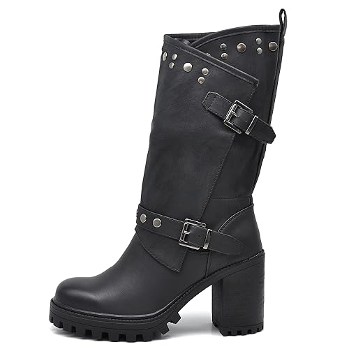 IF Fashion Stiefeletten für Damen mit kleinem Absatz Plateau Nieten Kunstleder G669, 673 Schwarz, 38 EU von IF