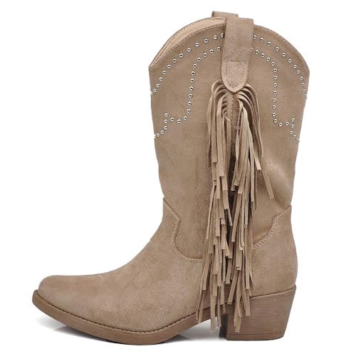 IF Texani Cowboy Western Damenschuhe Stiefel Stiefeletten Fransen Camperos Ethnic ML60, 995 Khaki, 38 EU von IF