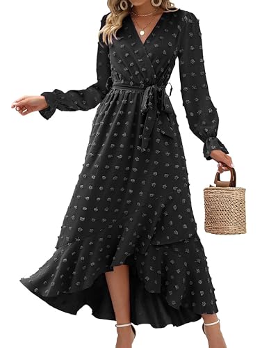 IFFEI Damen Casual Lang Langarm Herbst Sleeve Rüschen Rückenfreies Boho Strandkleid Trendy Lang Kleid Black S von IFFEI