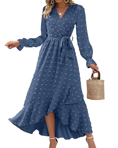 IFFEI Damen Casual Lang Langarm Herbst Sleeve Rüschen Rückenfreies Boho Strandkleid Trendy Lang Kleid Blue S von IFFEI