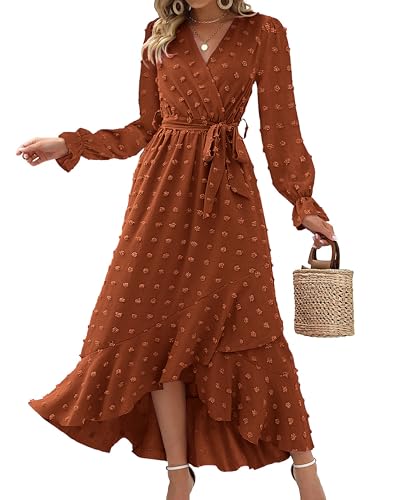 IFFEI Damen Casual Lang Langarm Herbst Sleeve Rüschen Rückenfreies Boho Strandkleid Trendy Lang Kleid Orange M von IFFEI