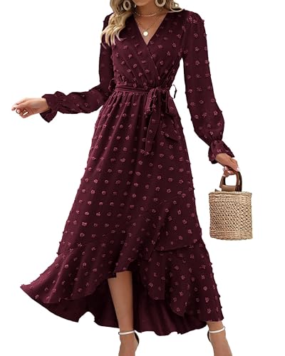 IFFEI Damen Casual Lang Langarm Herbst Sleeve Rüschen Rückenfreies Boho Strandkleid Trendy Lang Kleid Red XL von IFFEI