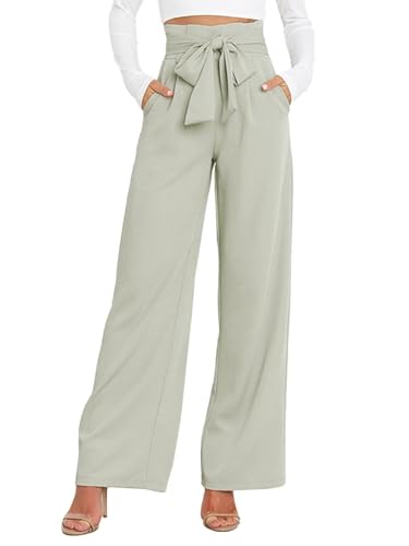 IFFEI Damen Hose mit Weites Bein Hohe Taille Freizeit Sommer Leicht Hose mit Taschen Hellgrün L von IFFEI
