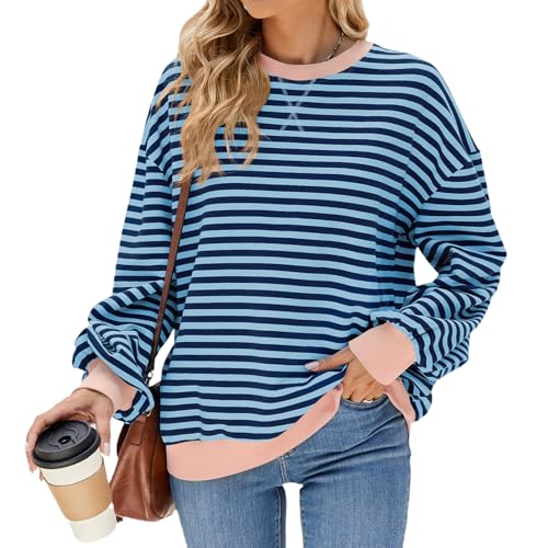 IFFEI Damen Oversized Sweatshirt Gestreifter Color Block Rundhals Pullover Langärmelig Lässig Y2K Top Oberteile Grau-blau XL von IFFEI