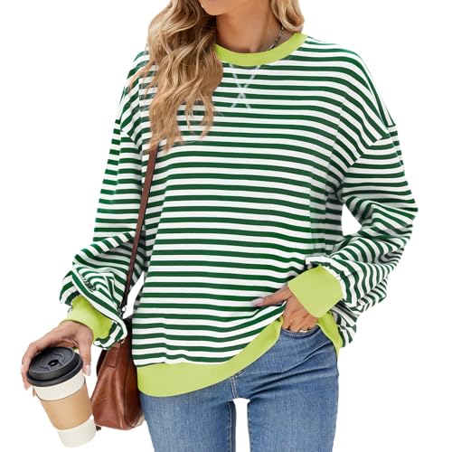 IFFEI Damen Oversized Sweatshirt Gestreifter Color Block Rundhals Pullover Langärmelig Lässig Y2K Top Oberteile Grün-weiß M von IFFEI
