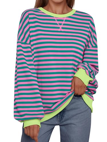 IFFEI Damen Oversized Sweatshirt Gestreifter Color Block Rundhals Pullover Langärmelig Lässig Hausanzug Y2K Top Rosa-Green S von IFFEI