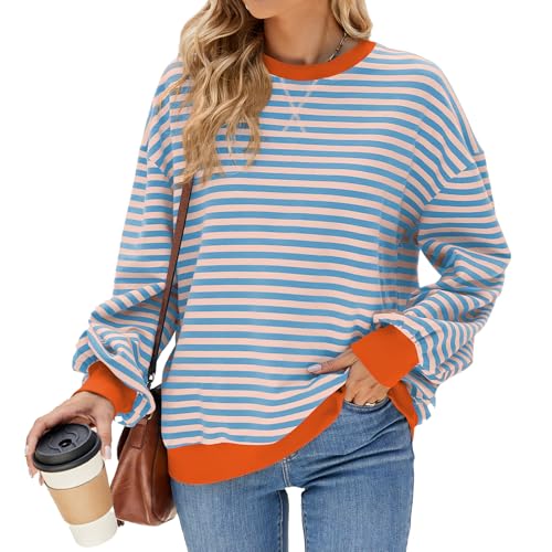 IFFEI Damen Oversized Sweatshirt Gestreifter Color Block Rundhals Pullover Langärmelig Lässig Y2K Top Oberteile Rosa-Orange S von IFFEI