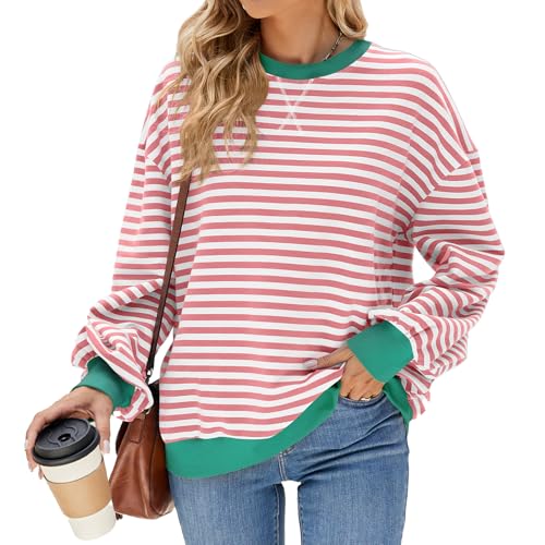 IFFEI Damen Oversized Sweatshirt Gestreifter Color Block Rundhals Pullover Langärmelig Lässig Y2K Top Oberteile Rosa-weiß S von IFFEI