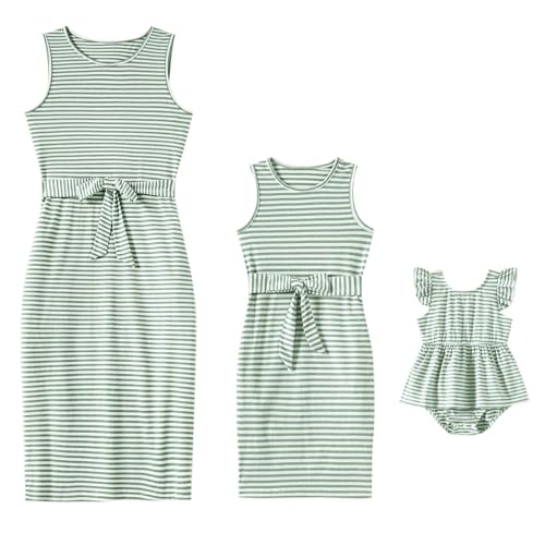 IFFEI Mutter und Tochter Kleider Ärmelloses Gestreiftes Kleid Rundhals Kurz Kleider Sommerkleid Familie Outfits Grün Large von IFFEI