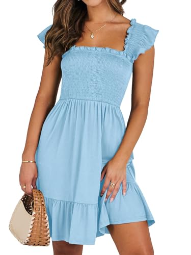 IFFEI Damen milkmaid Dress Sommerkleid Casual Ärmellos Gesmokt Rüschen Rückenfreies Boho Strandkleid Kurzes Sommerkleid Hellblau M von IFFEI