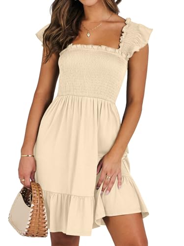 IFFEI Damen milkmaid Dress Sommerkleid Casual Ärmellos Gesmokt Rüschen Rückenfreies Boho Strandkleid Kurzes Sommerkleid Apricot L von IFFEI